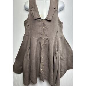 Montan Paris Linen Sundress Medium Brown Sleeveless Button Collar Lace Flare